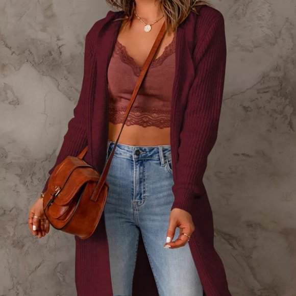 Hooded Knit Cardigan Jacket Burgundy - Picture 3 of 6